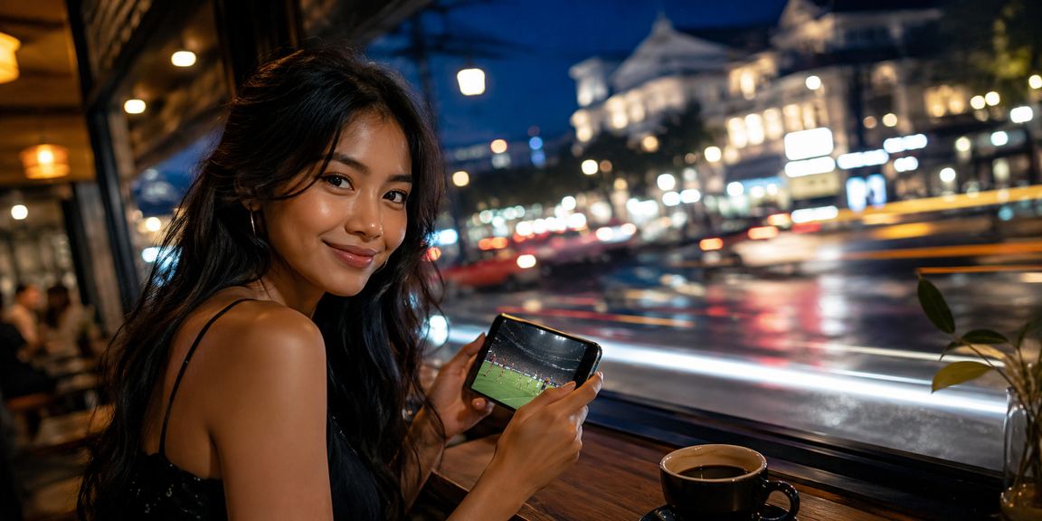 Tampilan aplikasi casino di smartphone dengan latar warung kopi yang nyaman dan rileks