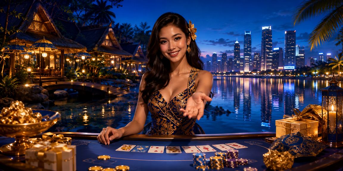 Meja permainan baccarat dengan hiasan lentera berwarna-warni di suasana malam festif