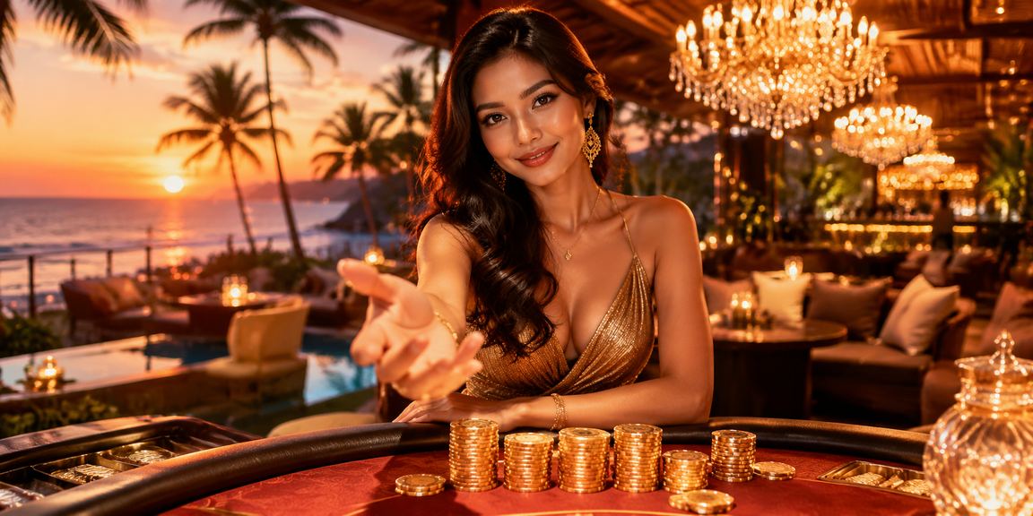 Suasana meja baccarat yang elegan di lingkungan pasar malam yang meriah dan penuh cahaya