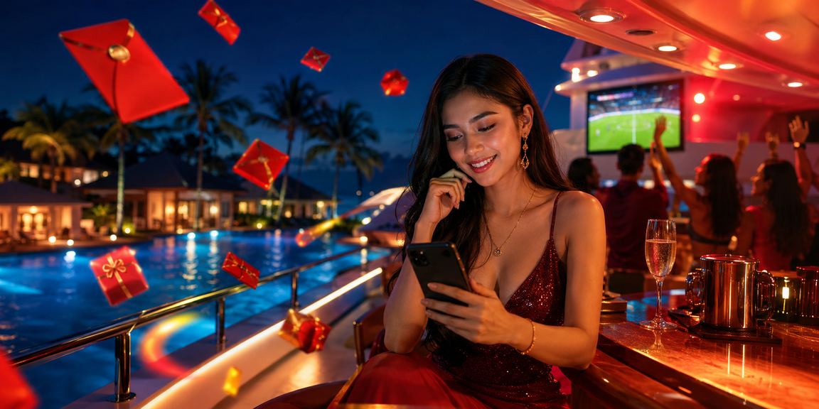 Suasana pantai tropis dengan amplop merah tanda bonus permainan casino online