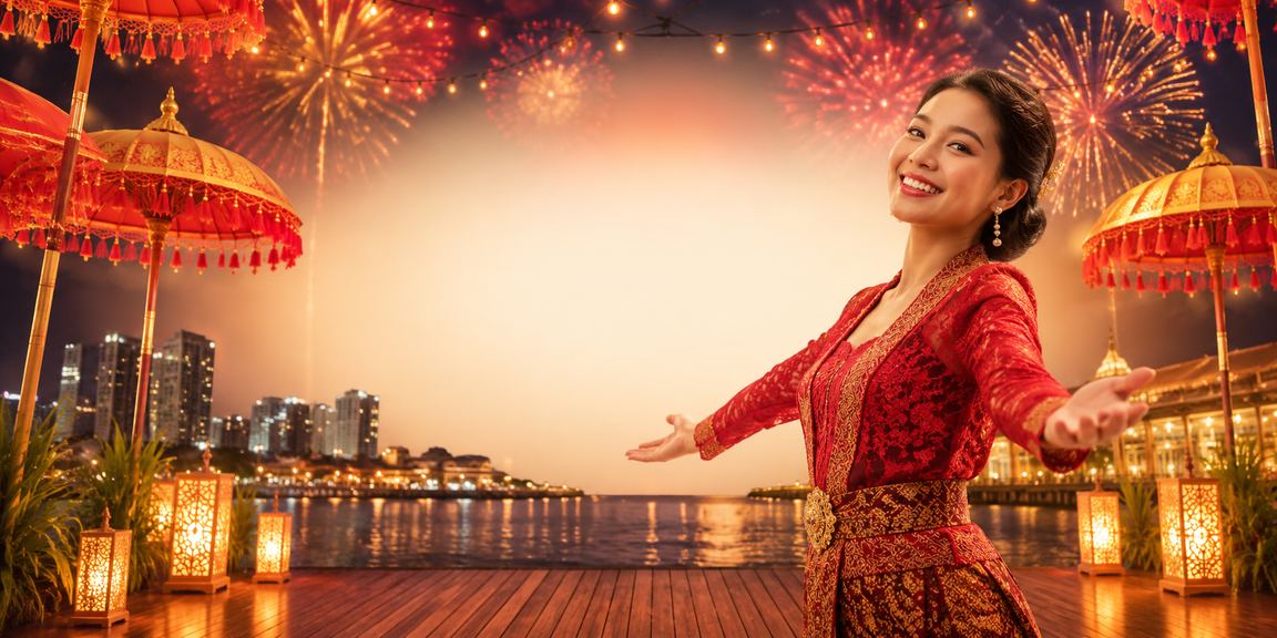 Suasana festival taruhan casino yang penuh energi dengan dekorasi lampu warna-warni yang meriah