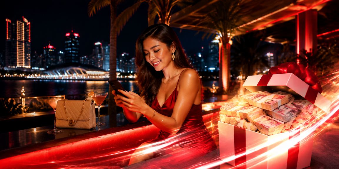 Model Vietnam menggunakan ponsel untuk mengakses layanan casino mobile dengan ekspresi santai