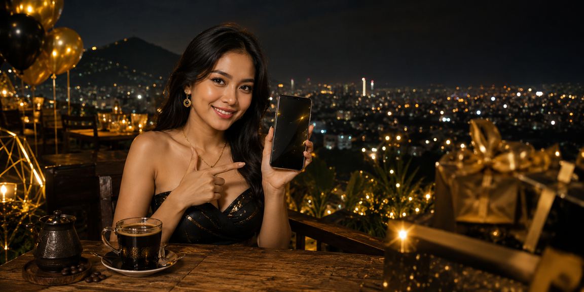 Perempuan mengakses permainan casino di smartphone sambil menikmati kopi di warung santai