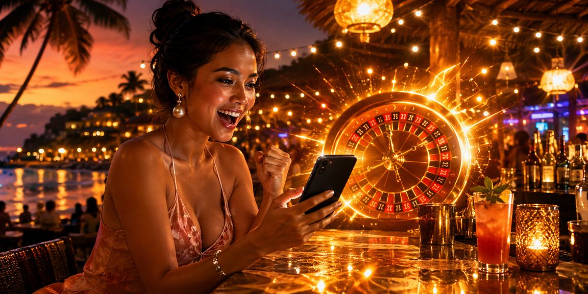 Meja roulette berputar di suasana pasar malam yang ramai dan terang berwarna-warni